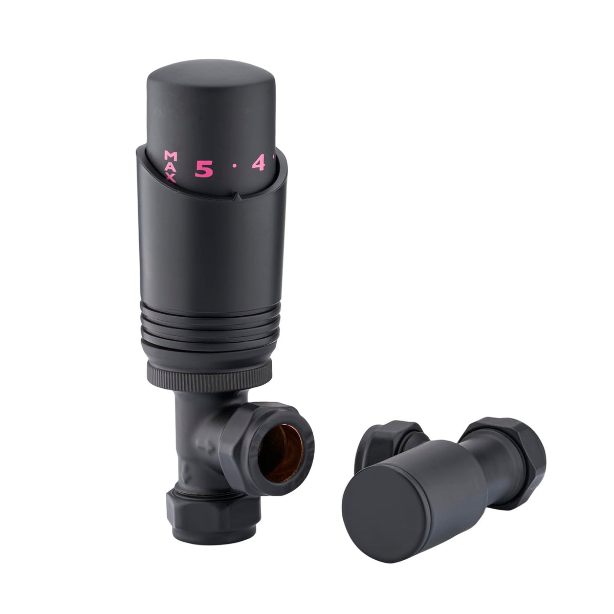 Sandy Beach Black TRV Thermostatic 15mm Angled Straight Radiator Valve with Lockshield Valve