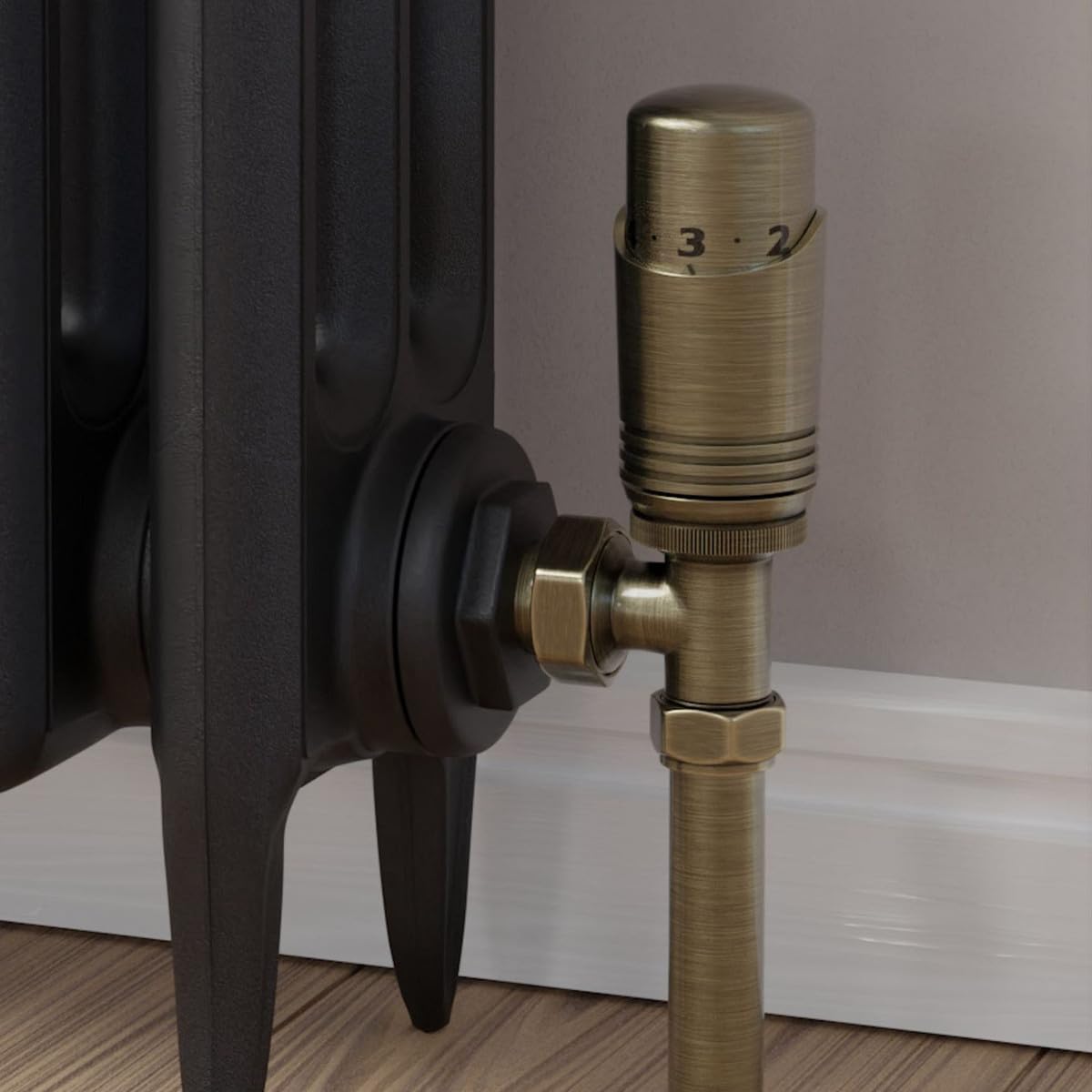 Sandy Beach Antique Brass TRV Thermostatic 15mm Angled Straight Radiator Valve with Lockshield Valve