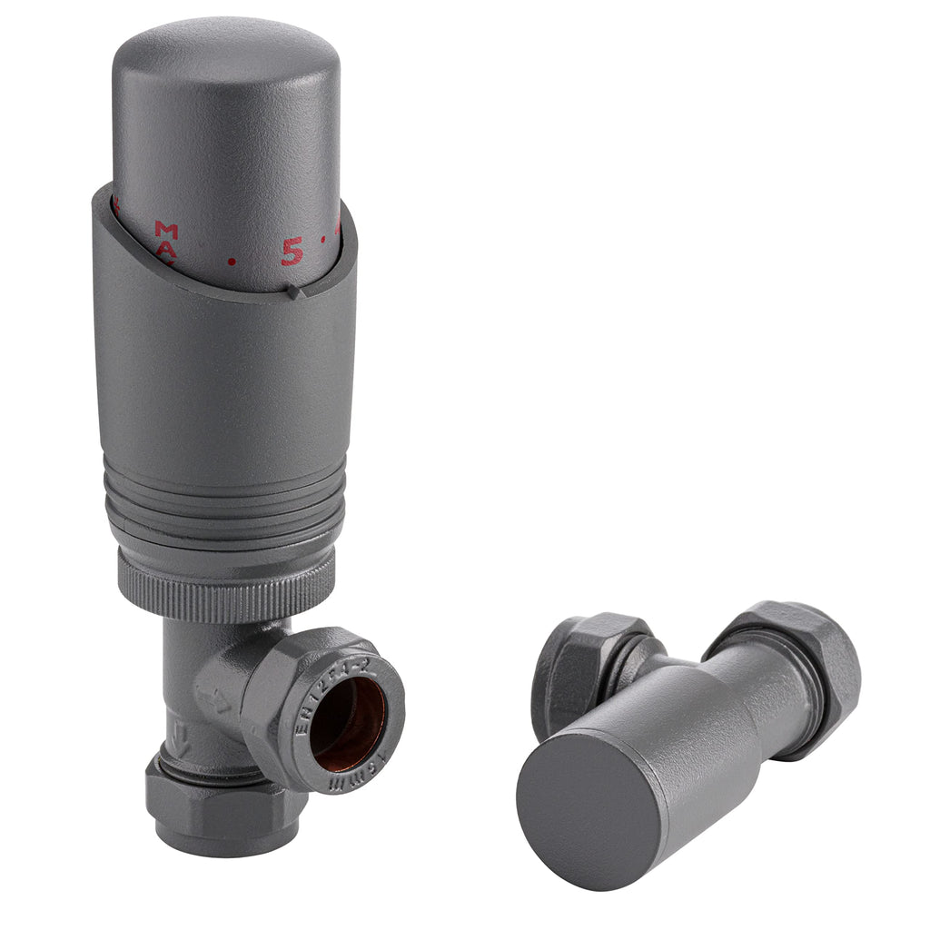 Sandy Beach Anthracite TRV Thermostatic 15mm Angled Straight Radiator Valve with Lockshield Valve
