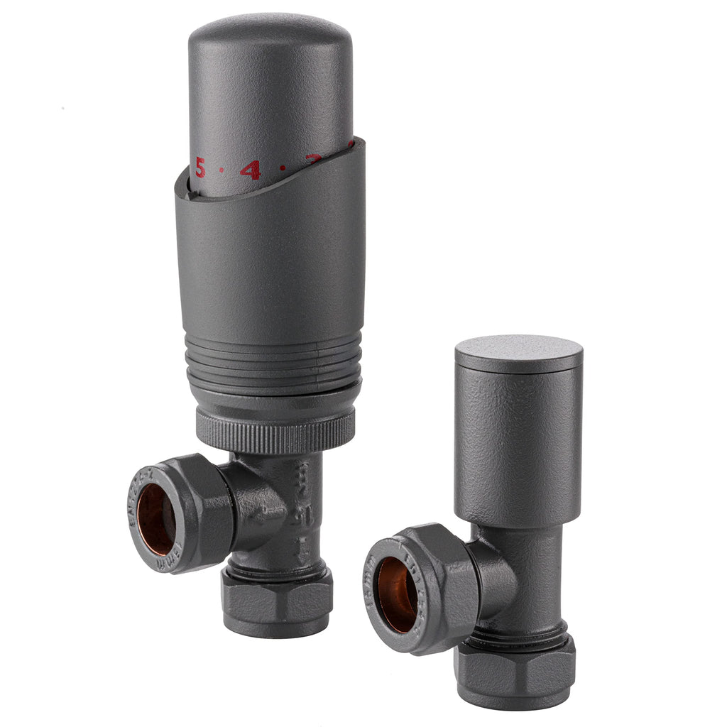 Sandy Beach Anthracite TRV Thermostatic 15mm Angled Straight Radiator Valve with Lockshield Valve